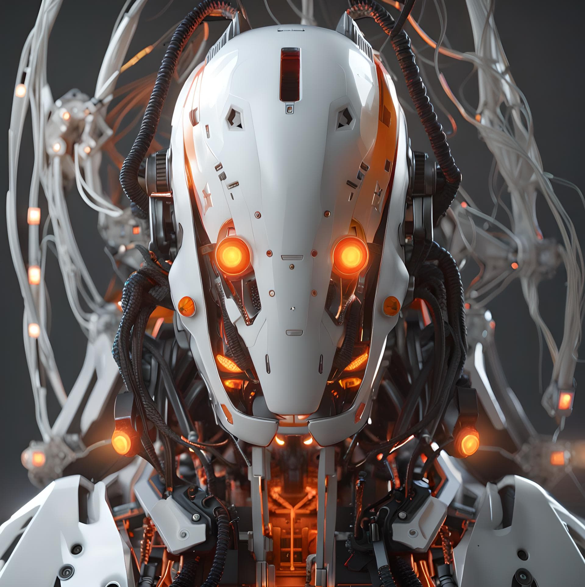AI generated: 1 robot, organic, orange triangle glowing eyes, cyberhelmet, long hair, white plastic, diffuse light...