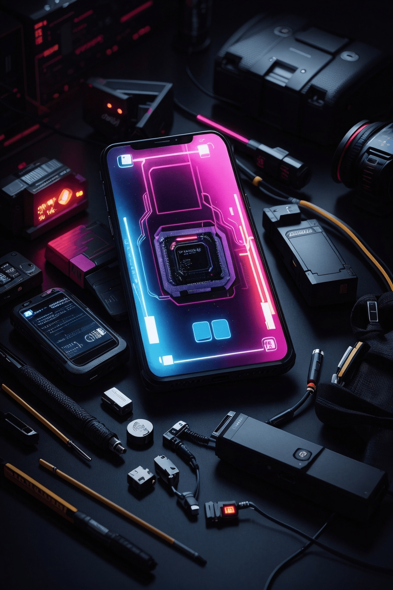 AI generated: (masterpiece, product photography, focus shot), (knolling), centered, cyberpunk concept smartphone, ...