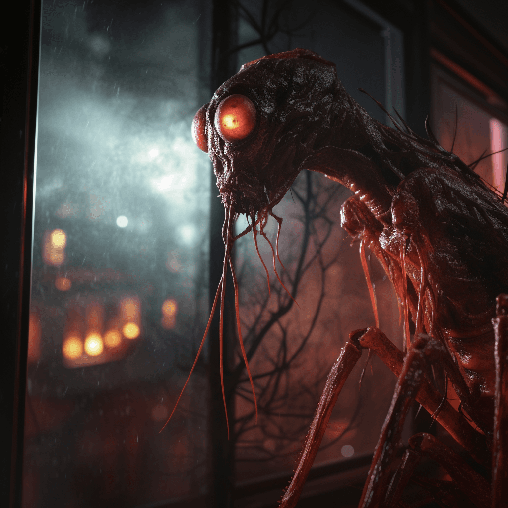 AI generated: haunting creature that looks like a giant insect, side view, reddish eyes, dark room with decoration...