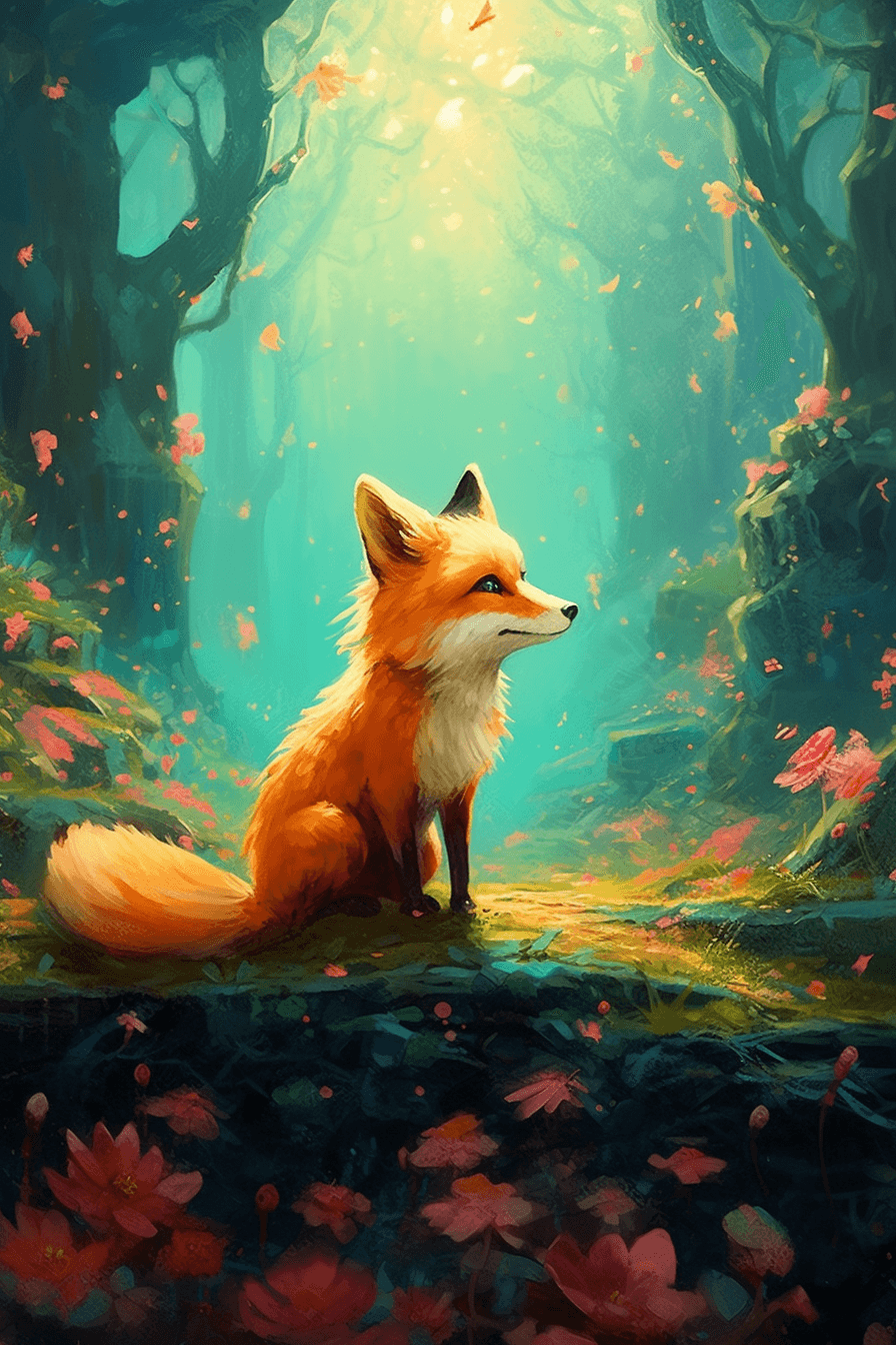 AI generated: Happy and excited fox, painting a beautiful landscape, with vibrant colors and intricate details, by...