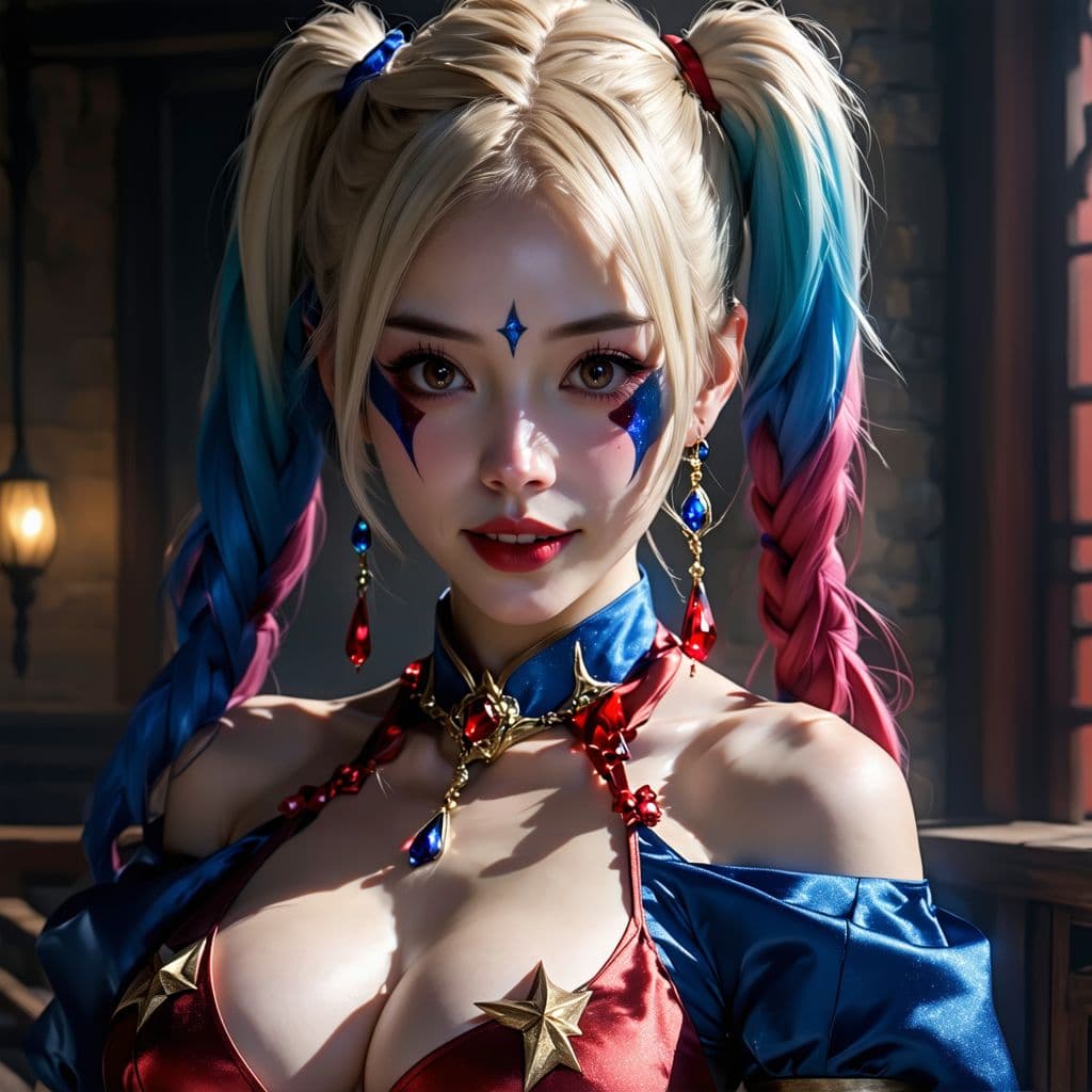 AI generated: Harley Quinn,nude,hardcore sex,no panties, hourglass figure, perfect tight butt, deep cleavage, thic...