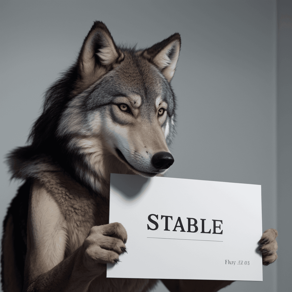 AI generated: a wolf holding a piece of paper large name ("STABLE")