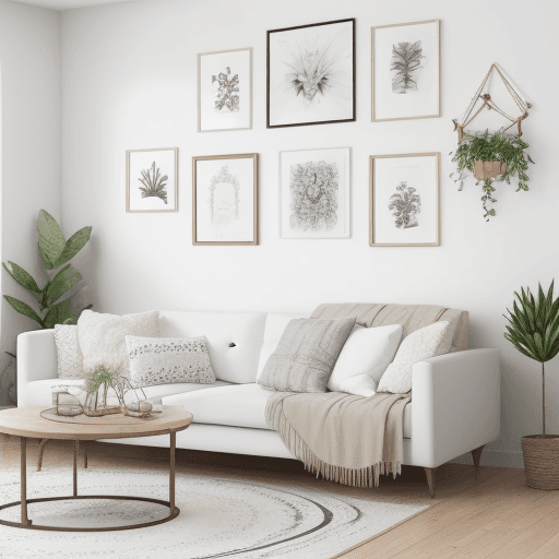 AI generated: Blank frame on white clean wall inside boho theme living room
