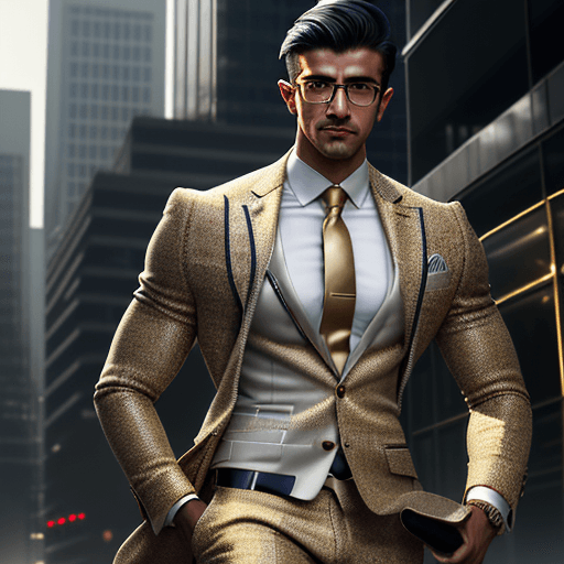 AI generated: Full-body realistic illustration of Roshan in a modern urban setting, wearing a tweed suit, no facia...