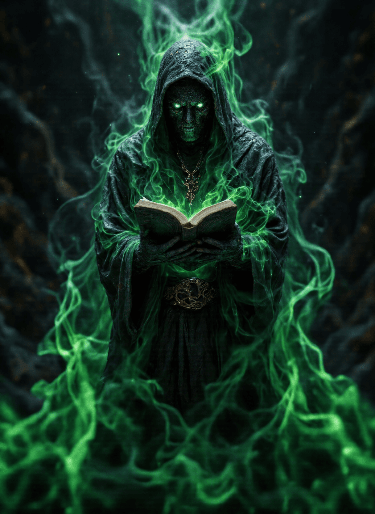 AI generated: The image depicts a figure standing amidst swirling green smoke. The figure appears to be made of a ...