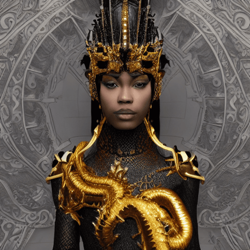AI generated: A very beautiful queen sitting on a black throne made of gold, with a serpent-dragon like elements a...