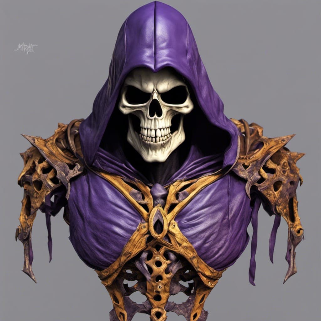 AI generated: Skeletor from Masters of the Universe, 2 skeletal face, skeletal features, gothic, vibrant amber eye...