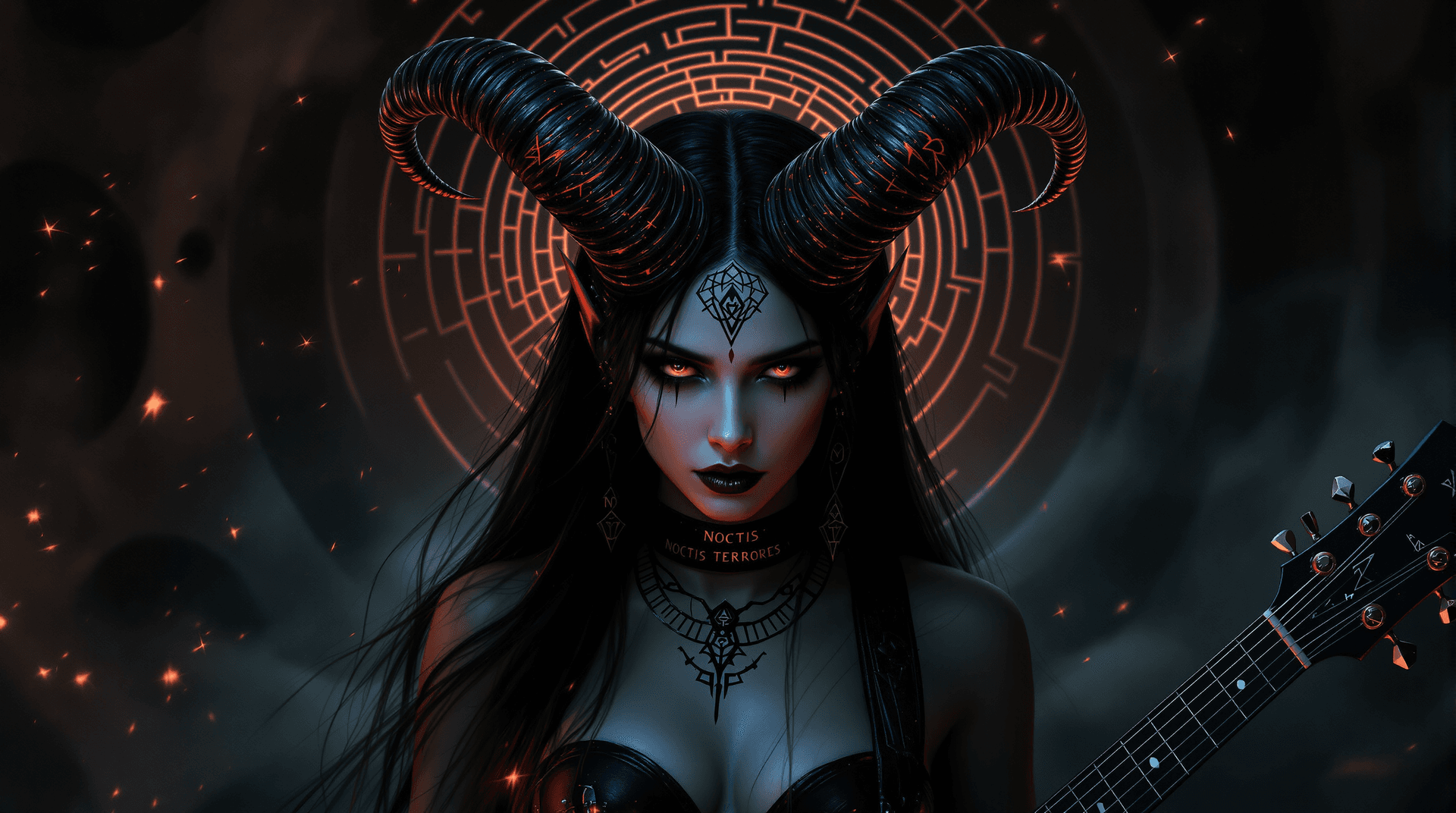 AI generated: A record-album cover, fantasy art: A powerful yet vulnerable female demon, reminiscent of Beksiński'...