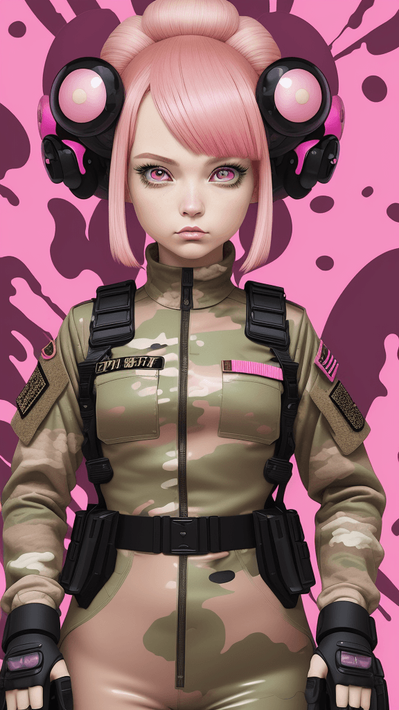 AI generated: in a funky army background portrait of little mushroom woman, pink hair, wearing army attire, Promin...