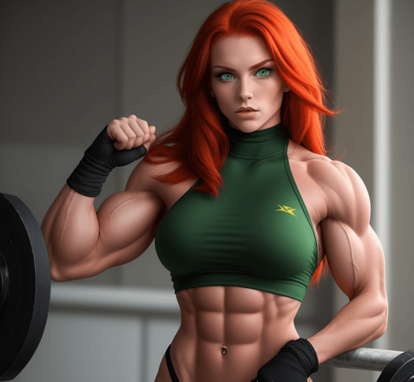 AI generated: 1 young beautiful bodybuilder woman with a wide strong jaw, red hair, green eyes, SFW,
