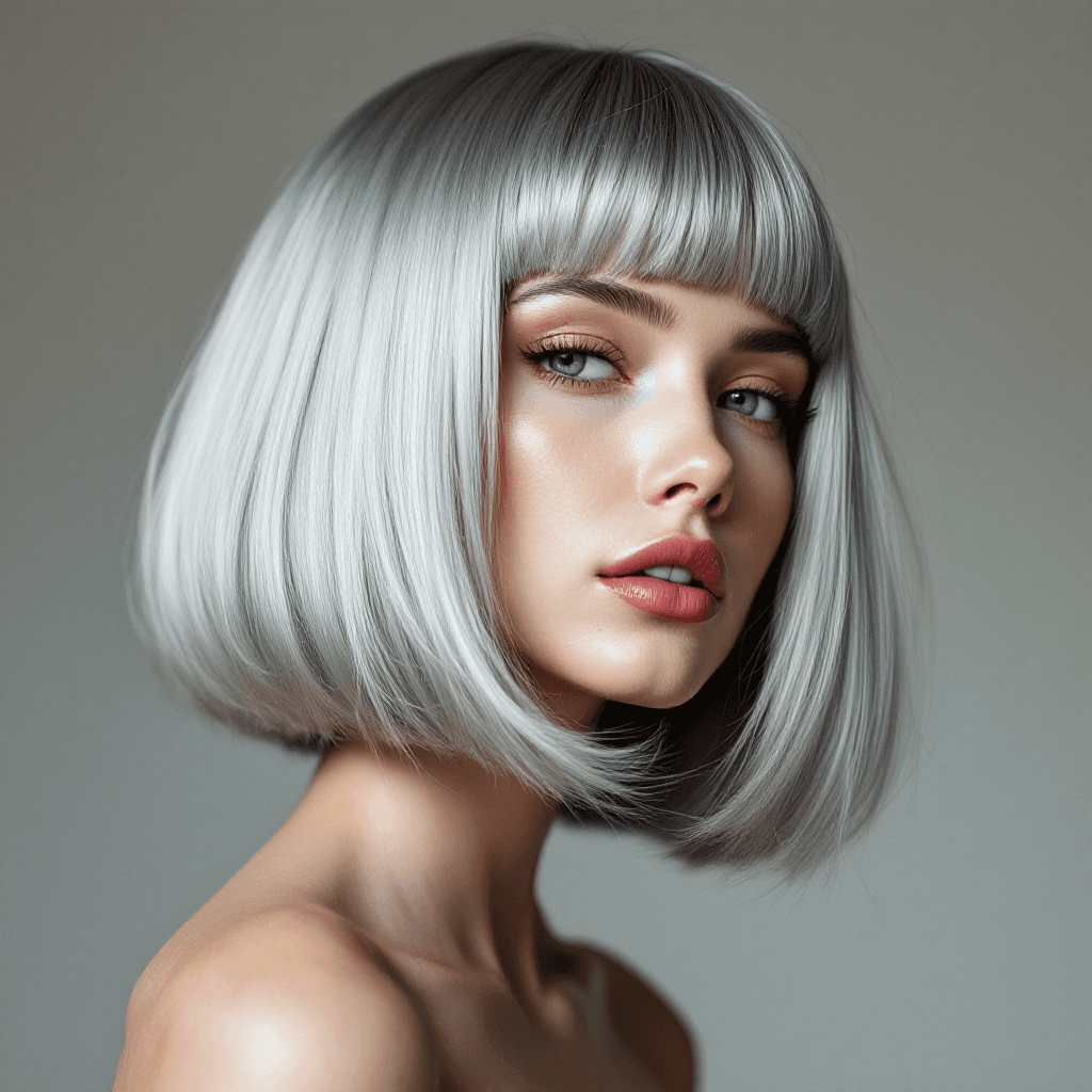 AI generated: hair photography, woman, bob cut hair, silver color, ivory hue background, studio lighting setup, re...