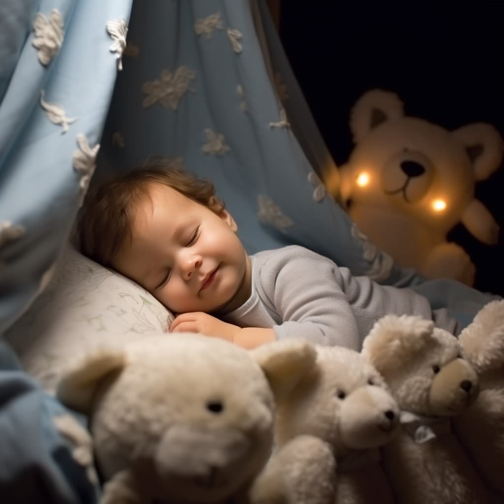 AI generated: a baby sleeping next to teddy bears in bed, in the style of enchanting lighting, lit kid, cold and d...