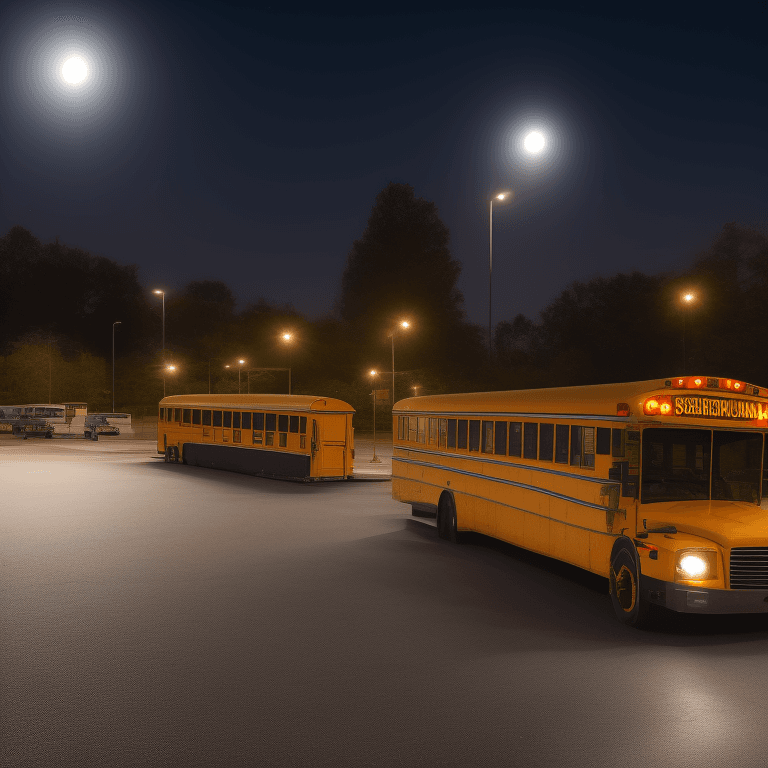 AI generated: full view of a school bus, perspective, waiting in a parking lot, by night, captured with a Canon EO...