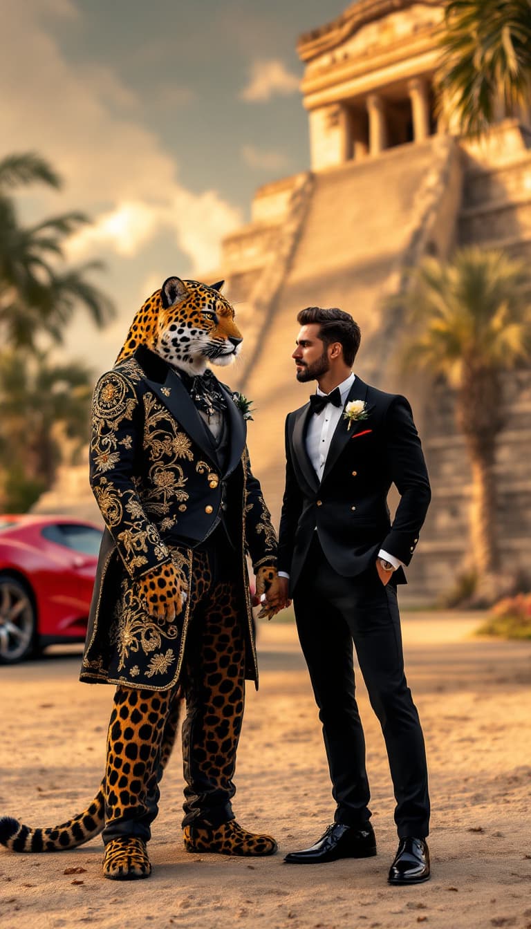 AI generated: A fierce anthropomorphic jaguar dressed in a modern mariachi-style luxury suit, standing next to a c...