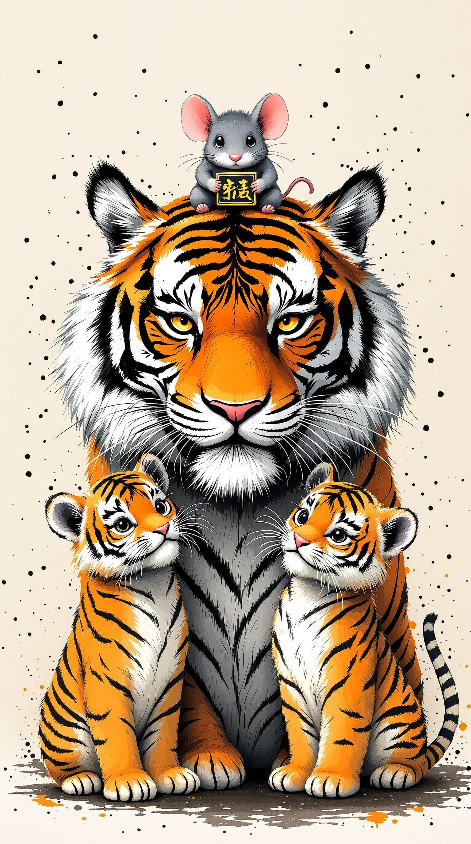 AI generated: a tiger and two tiger cubs, and a oversized mouse with splattered ink dots,with a mouse on the big t...