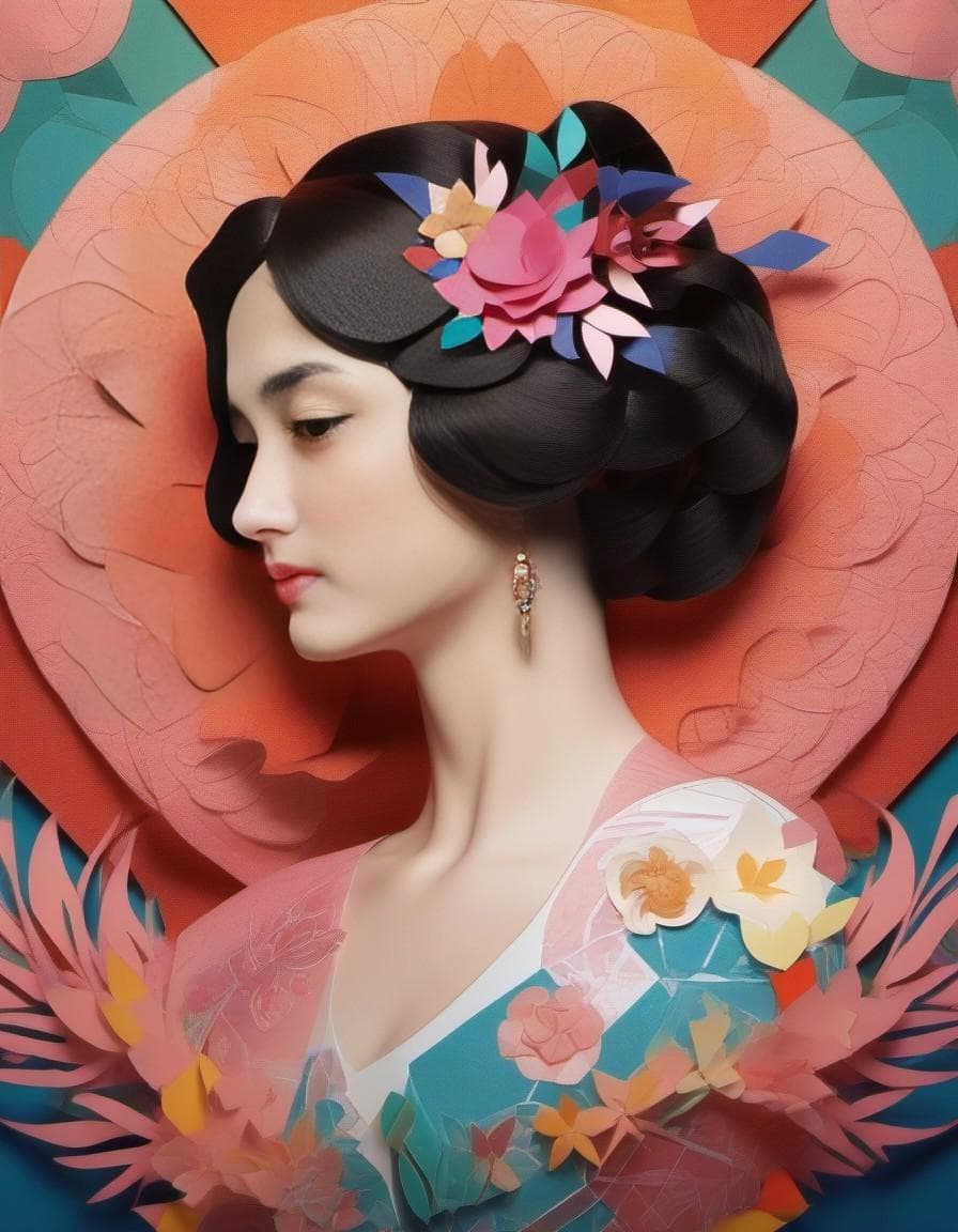 AI generated: paper craft style of voluptuous concubine in feathers and flowers ernst haeckel Maria Sibylla Merian...