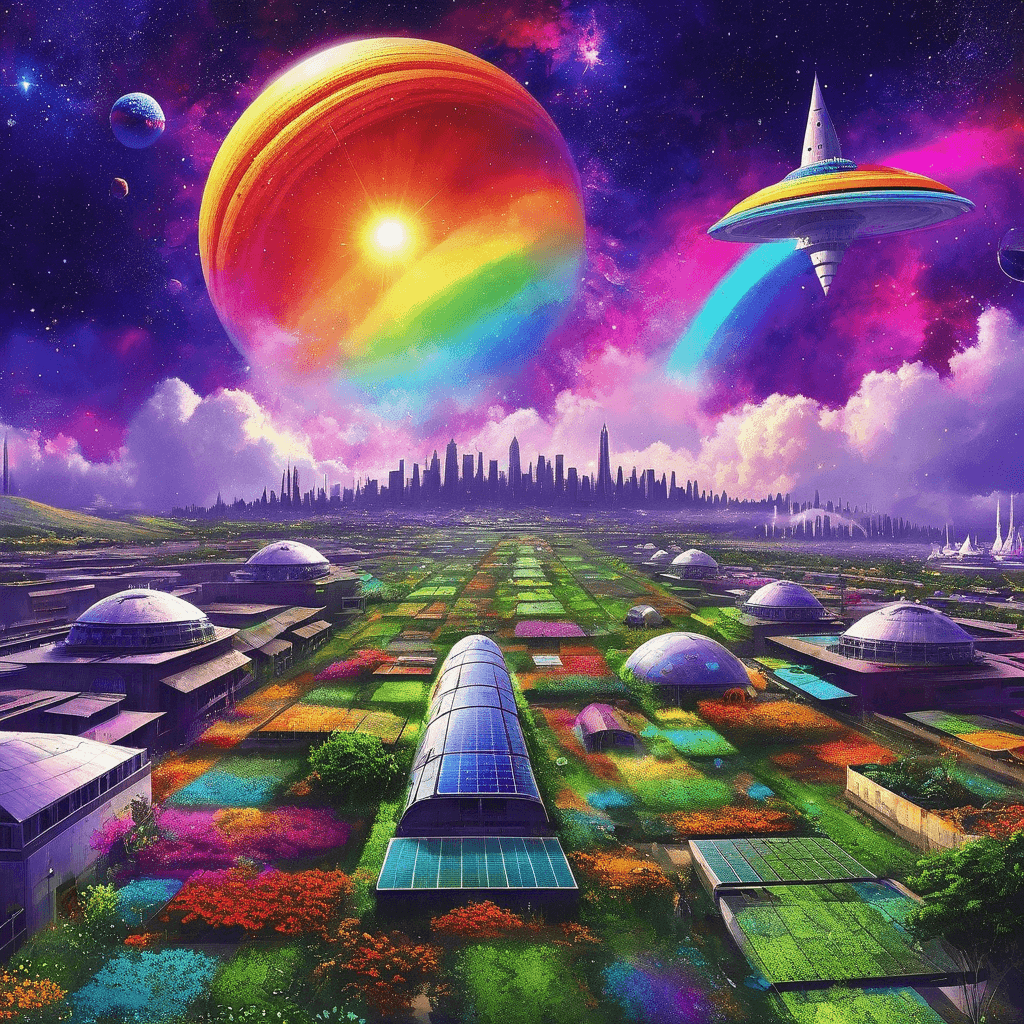 AI generated: rooftop garden, solarpunk, Retrofuturistic NASA Space Art, ((rainbow)), galaxy, cityscape, eco villa...