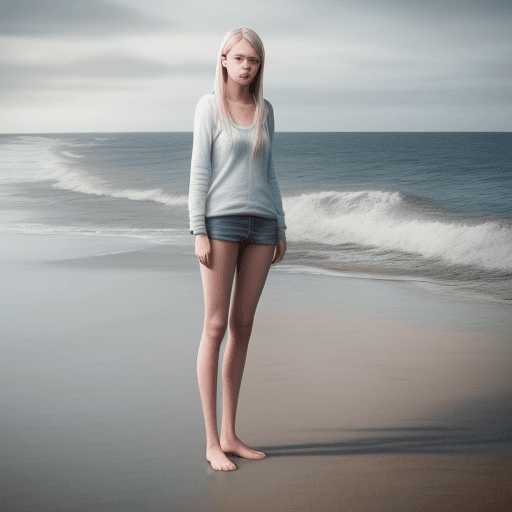 AI generated: A realistic Photo of an swedish 21 year old Woman Standing in a thin  in a beach. We can See her ful...