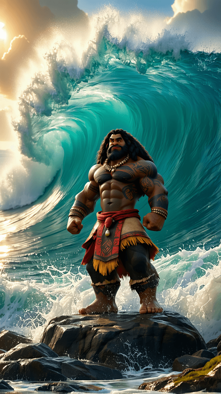 AI generated: A breathtaking, ultra-detailed 3D-rendered image of Maui (disney style), the demigod from Moana, sta...