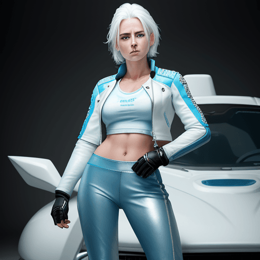 AI generated: High resolution photography of sporty female woman with white hair, icy eyes wearing an white t-shir...