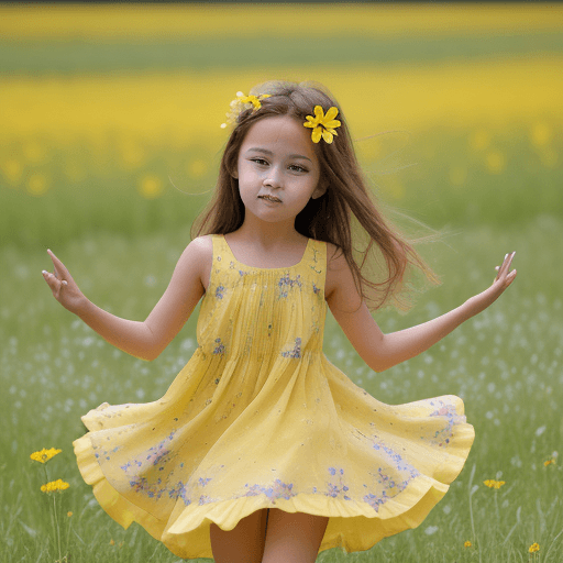 AI generated: High resolution photography wit beautiful girl 5 years old with yellow dress and yellow flowers she ...