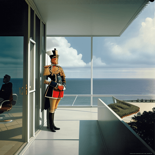 AI generated: Hyper realistic eye level exterior photo of a hussar  overlooking the ocean, daylight, indirect ligh...