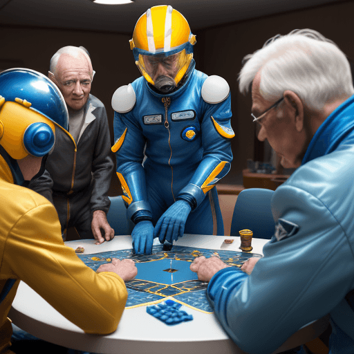 AI generated: Three 80-year-old men, all wearing blue spacesuits and yellow lightning helmets, are gathered around...