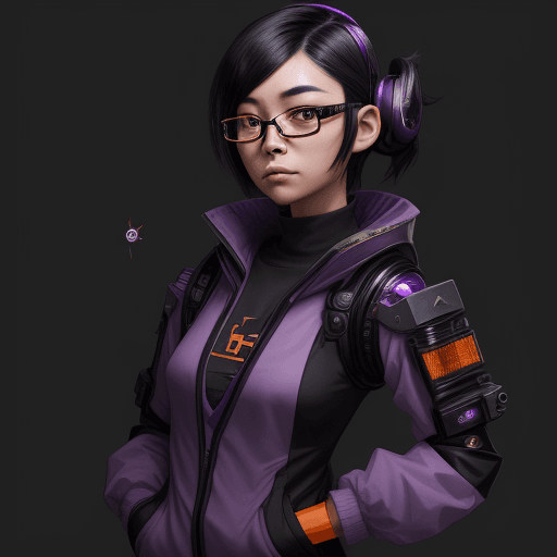 AI generated: young Asian thoughtful woman, shoulder-length purple and black hair, nerd, techie, a orange pair of ...