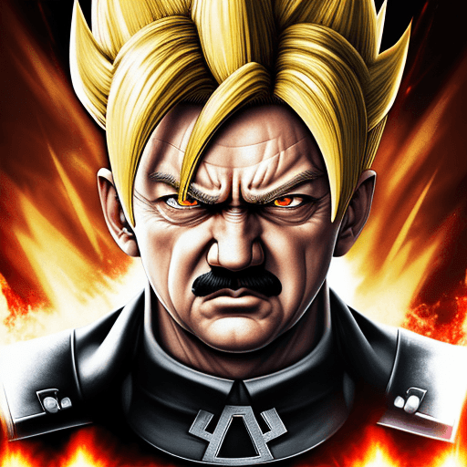 AI generated: hitler in super saiyan form , muscle , strong , hitler , high resolution  , 8k