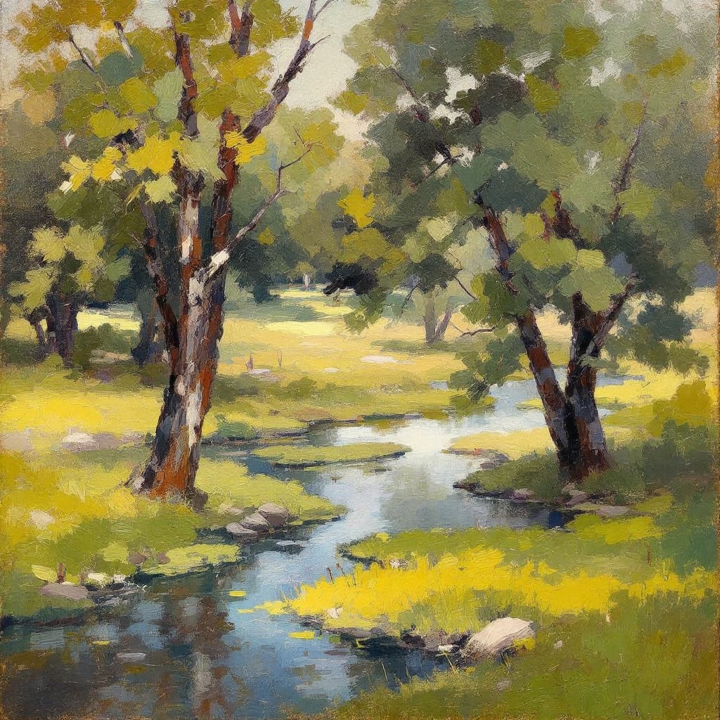AI generated: Korovin landscape oil painting of   forrest medow