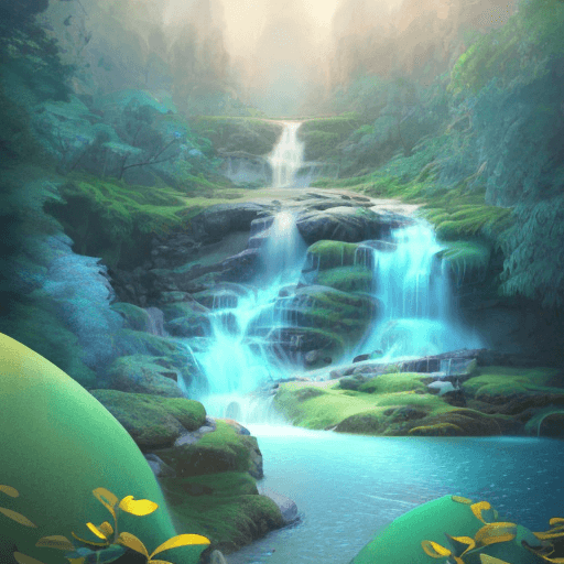 AI generated: Rainbow Waterfalls flowing up to the cliffs above in an enchanted forest on Pluto, Photorealistic, D...