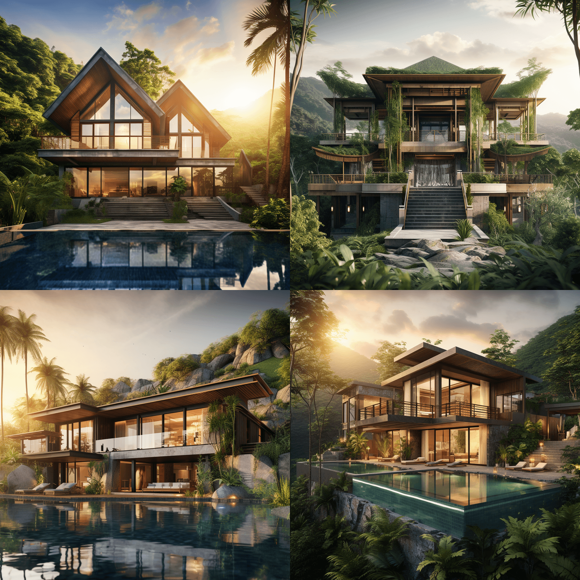 AI generated: A hyper realistic cinematic style photo of a front view large Villa house ,walls are made of windows...