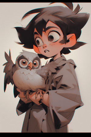 AI generated: Scribble of chibi boy with owl, quirky design, monotone color, Matt Wagner, crosshatch-shading, ecce...