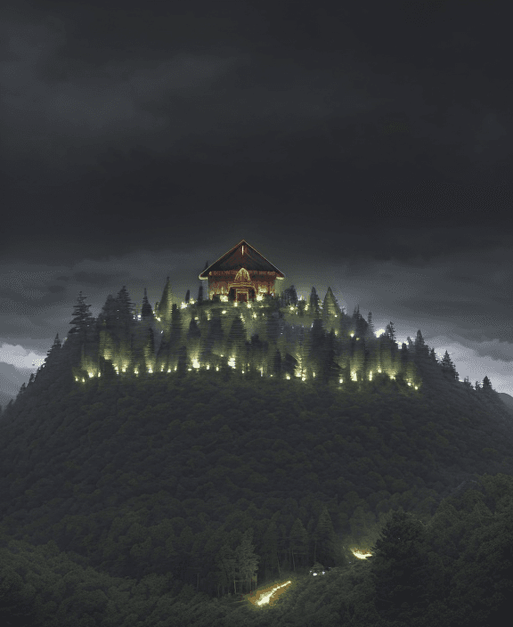 AI generated: (A beautiful rocky hill with green trees ((an imposing wooden cross on the top of the hill)) mini-ci...