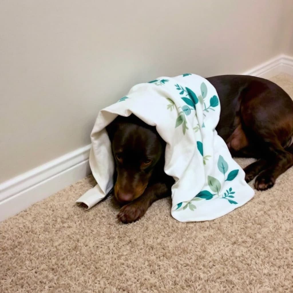 AI generated: The image shows a dog lying on a carpeted floor with a white cloth draped over its head. The dog is ...