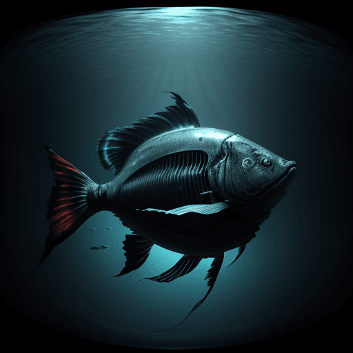 AI generated:  (dark art stylized by John Constable:1. 0) , full body shot of a mechanical fish under water, it is...