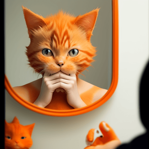 AI generated: An orange Cute cat looks at himself in the mirror and is sad when he sees aLot of Red  Pimple Acne  ...