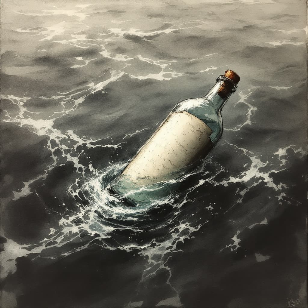 AI generated: an artistic Wet ink, charcoal sketch of a rolled paper inside a bottle, submerged, tilted bottle, fl...