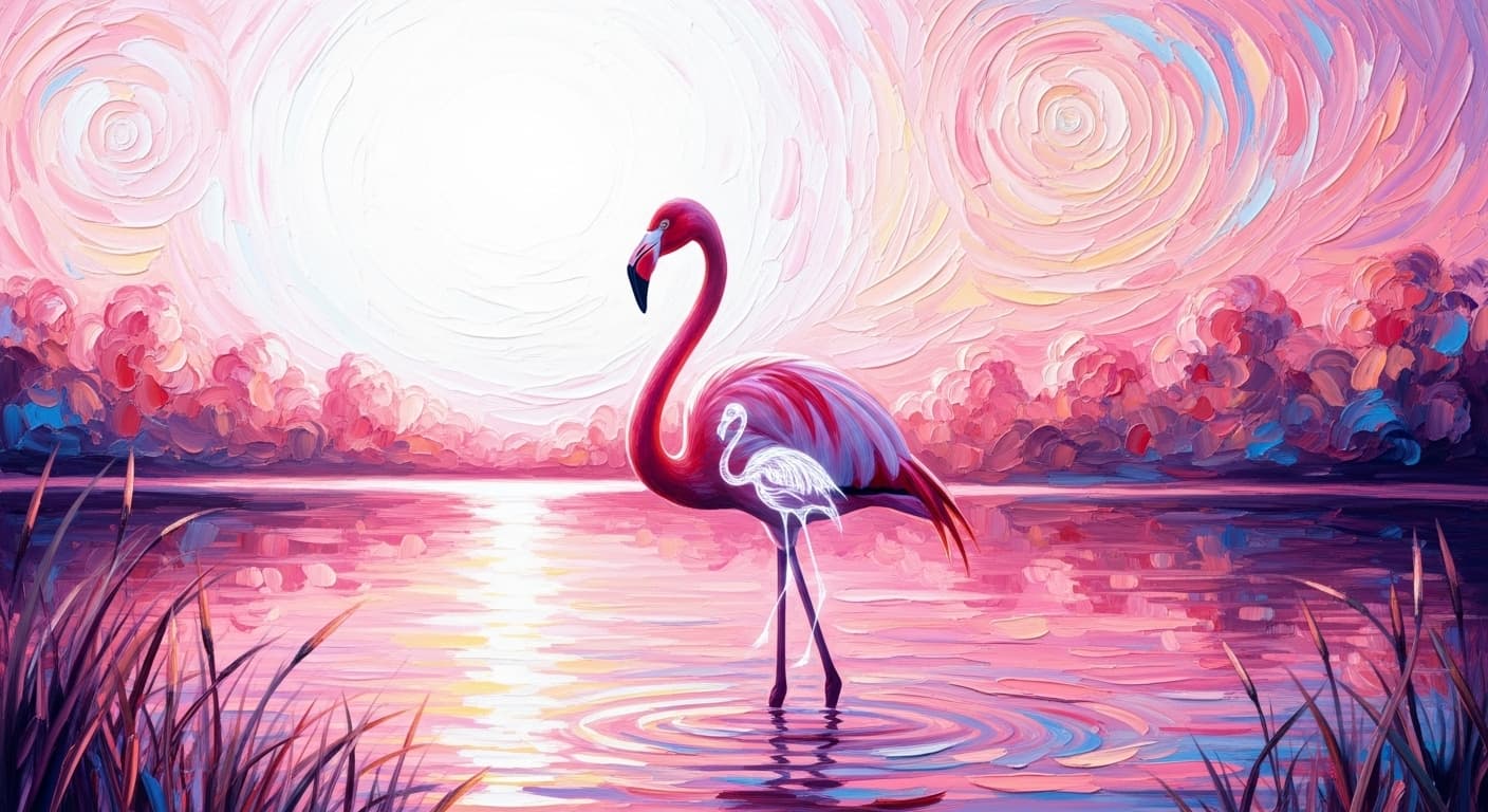 AI generated: Infrared x-ray photography, pink flamingo, at meadow lake, Quixotic visions, 
In art's resplendent ...