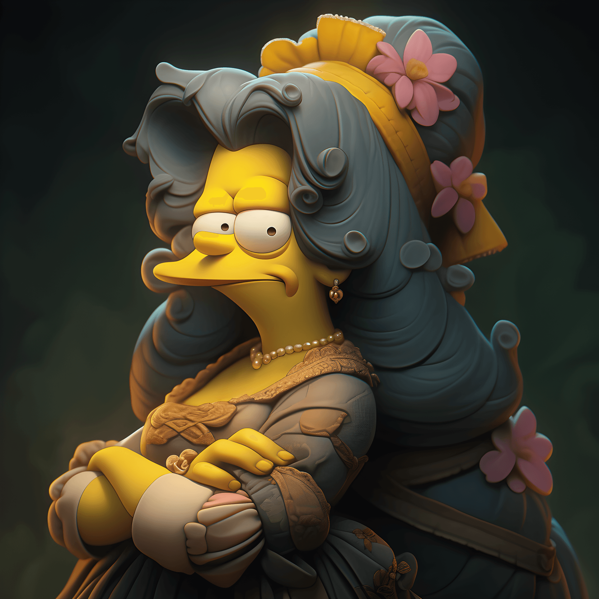 AI generated: famous painting by da Vinci "Monalisa" as a Simpsons style character with yellow skin, sharp focus, ...