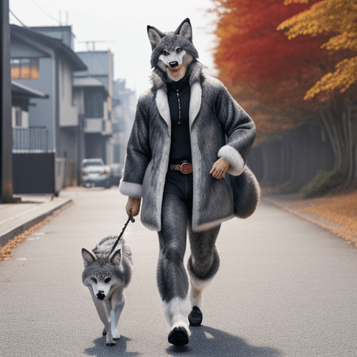 AI generated: A male therian kemono wolf with gray fur walking donw the street in autumn smiling