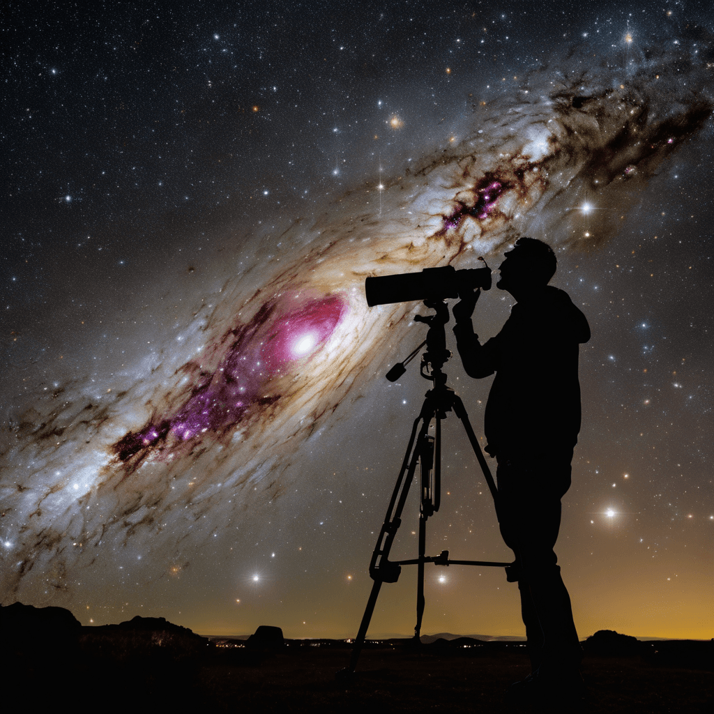 AI generated: A passionate 40-year-old cosmic visionary, using the Canon CelestialMaster 9000, gazes at distant ga...