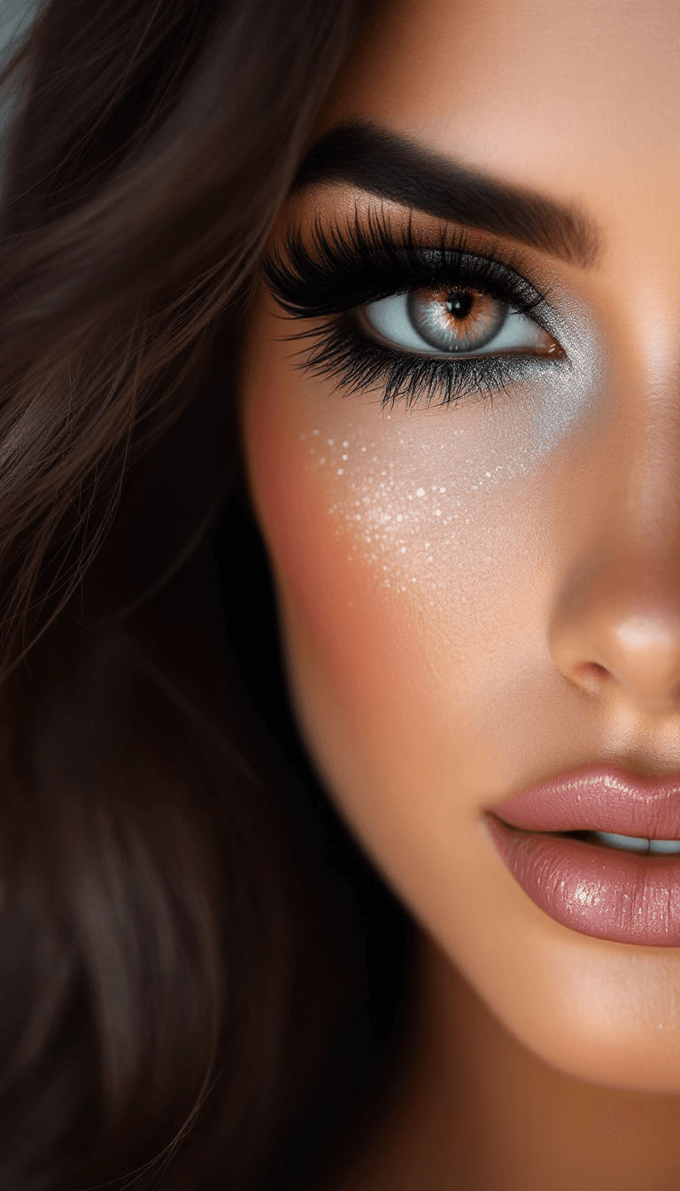 AI generated: a photo of a beautiful brunette woman with thick false eyelashes, thick black eyeliner, black eyesha...