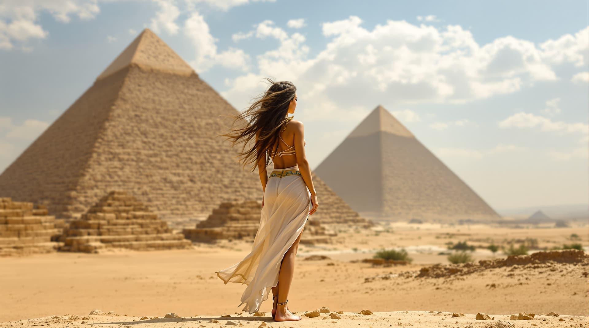 AI generated: withthe pyramids and the nil valley on her backsa full body view hot egyptian girl, barefoot, show f...