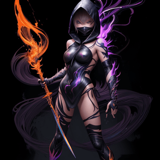 AI generated: masterpiece, Asia Ninja girl, wearing a hood, blonde hair, shrouded in shadows, holding a flaming da...