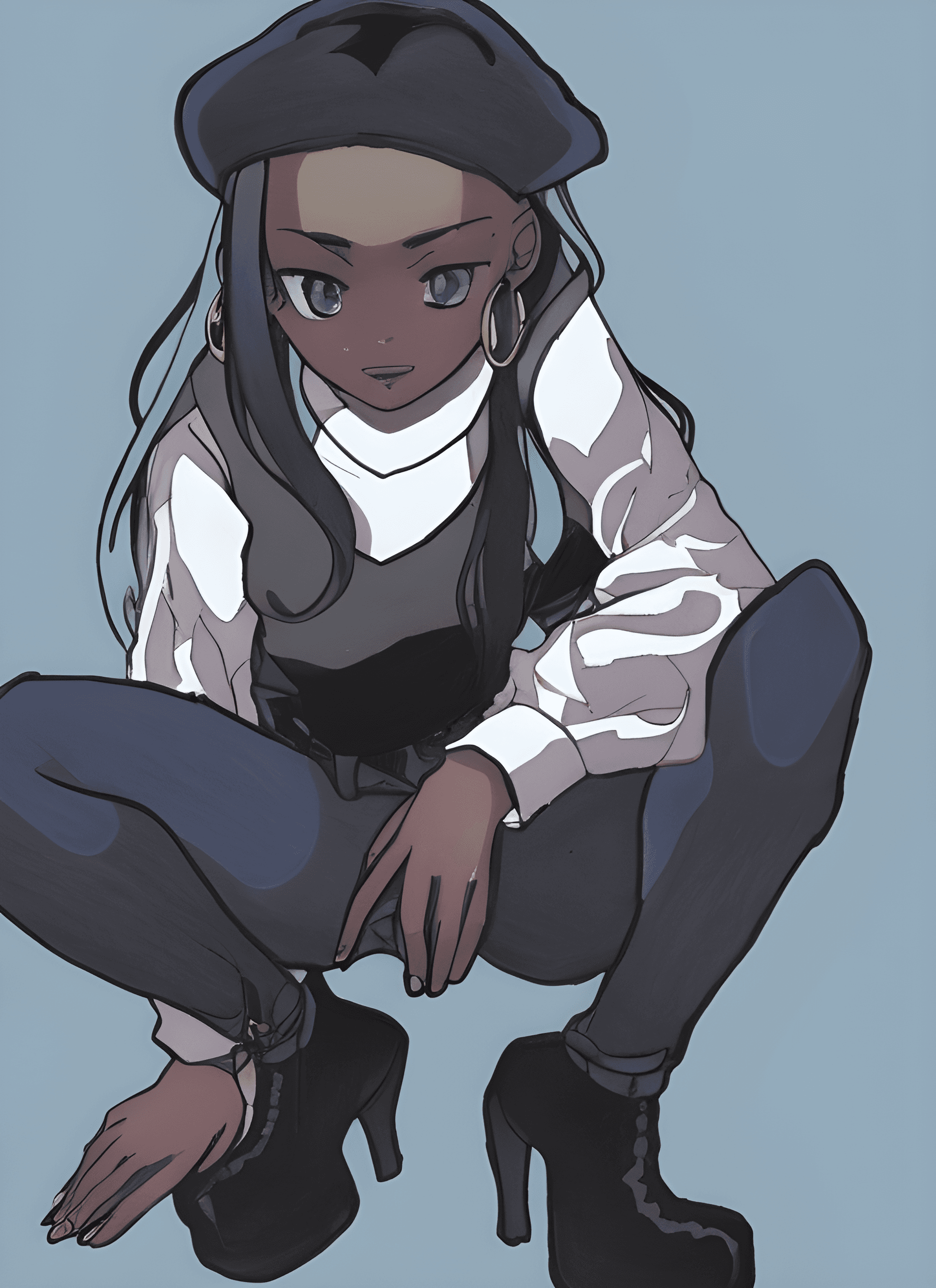 AI generated: a drawing of a woman sitting on the ground, loish |, black hime cut hair, high détails, fashionable ...