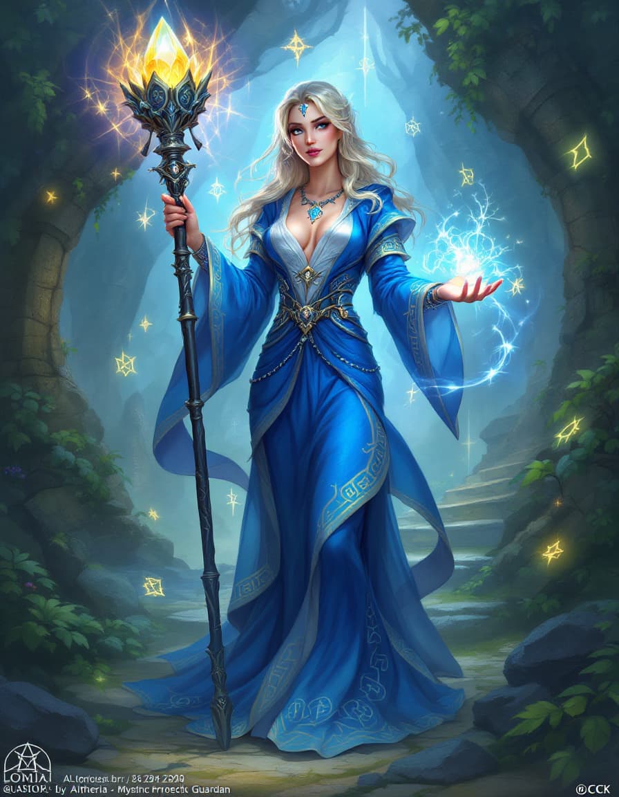 AI generated: "Create a concept art for Altheria, Mystic Guardian, a powerful mage with mastery over ancient prote...
