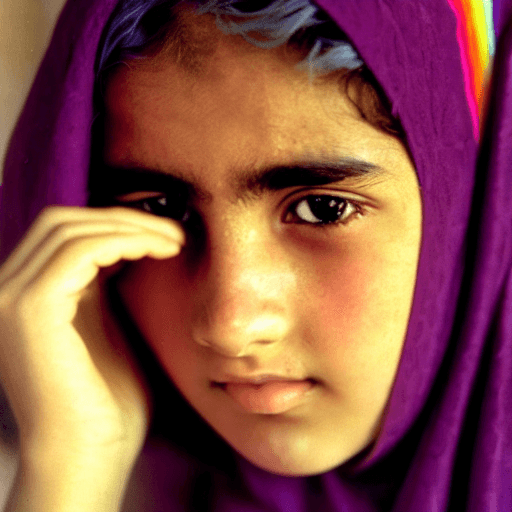 AI generated: a teenage girl of afghani descent with striking rainbow eyes stares at the camera with a deep read h...