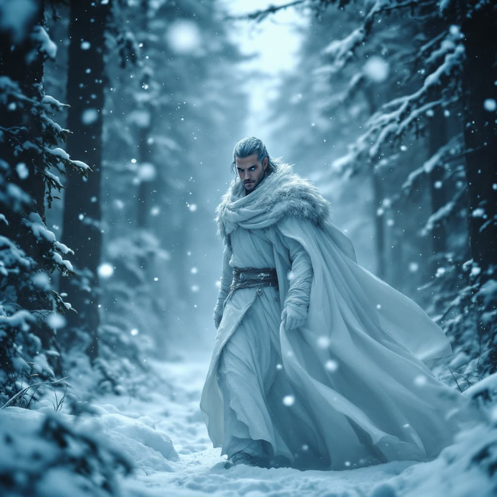 AI generated: A lone warrior with piercing blue eyes walks through a snow-covered forest, their long white cloak f...
