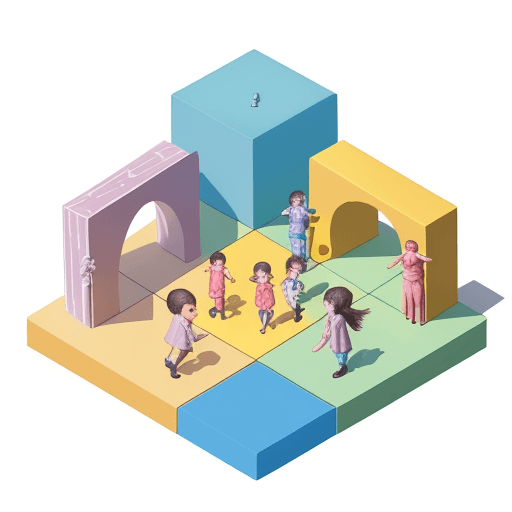 AI generated: a five children are playing with geometry figures  are shown in isometric fashion, in the style of s...